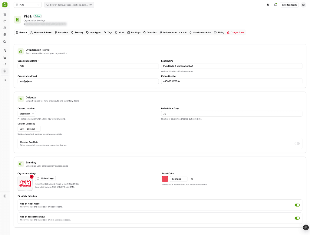 Organisationsinställningar & varumärke